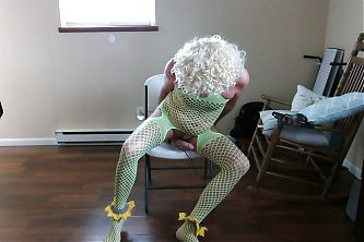 fishnet outfit and electric shock plug and cum
